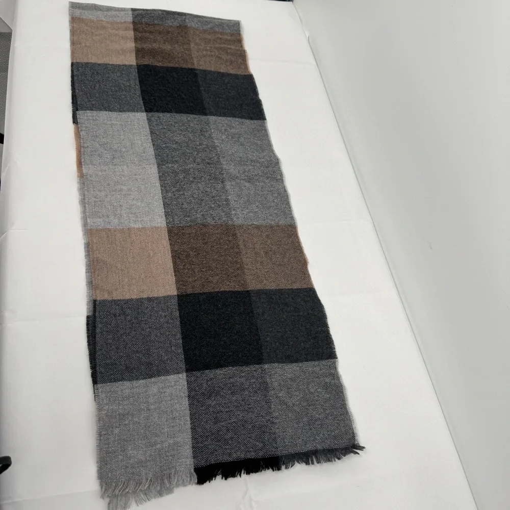 MWT MURANO 100% Cashmere Fringed Scarf Muffler Plaid 13 X 70”